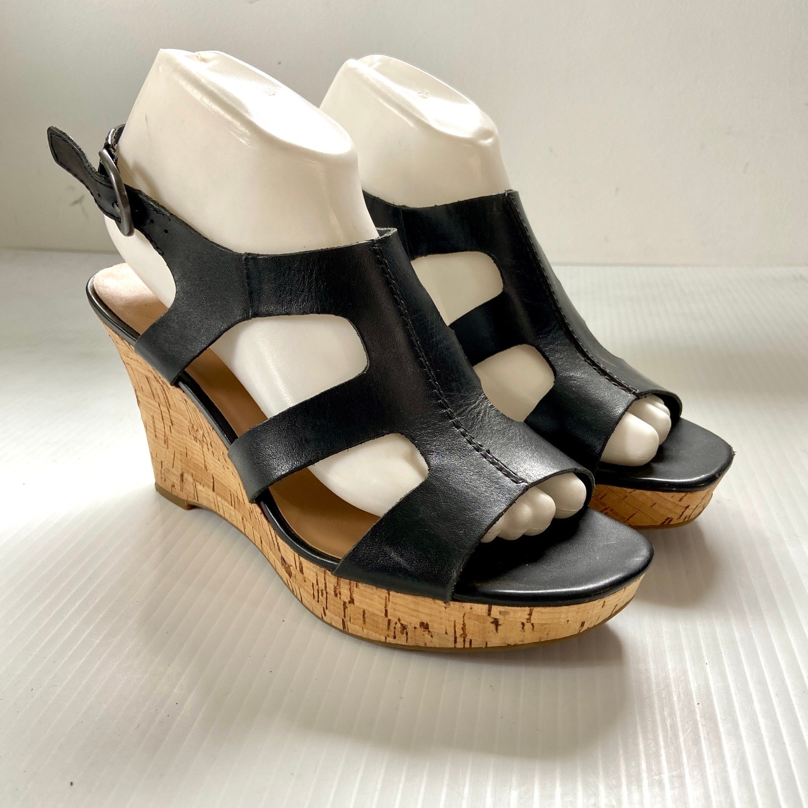 Franco Sarto Colletta Black Leather Cork Wedge Platform Sandals Womens 8.5