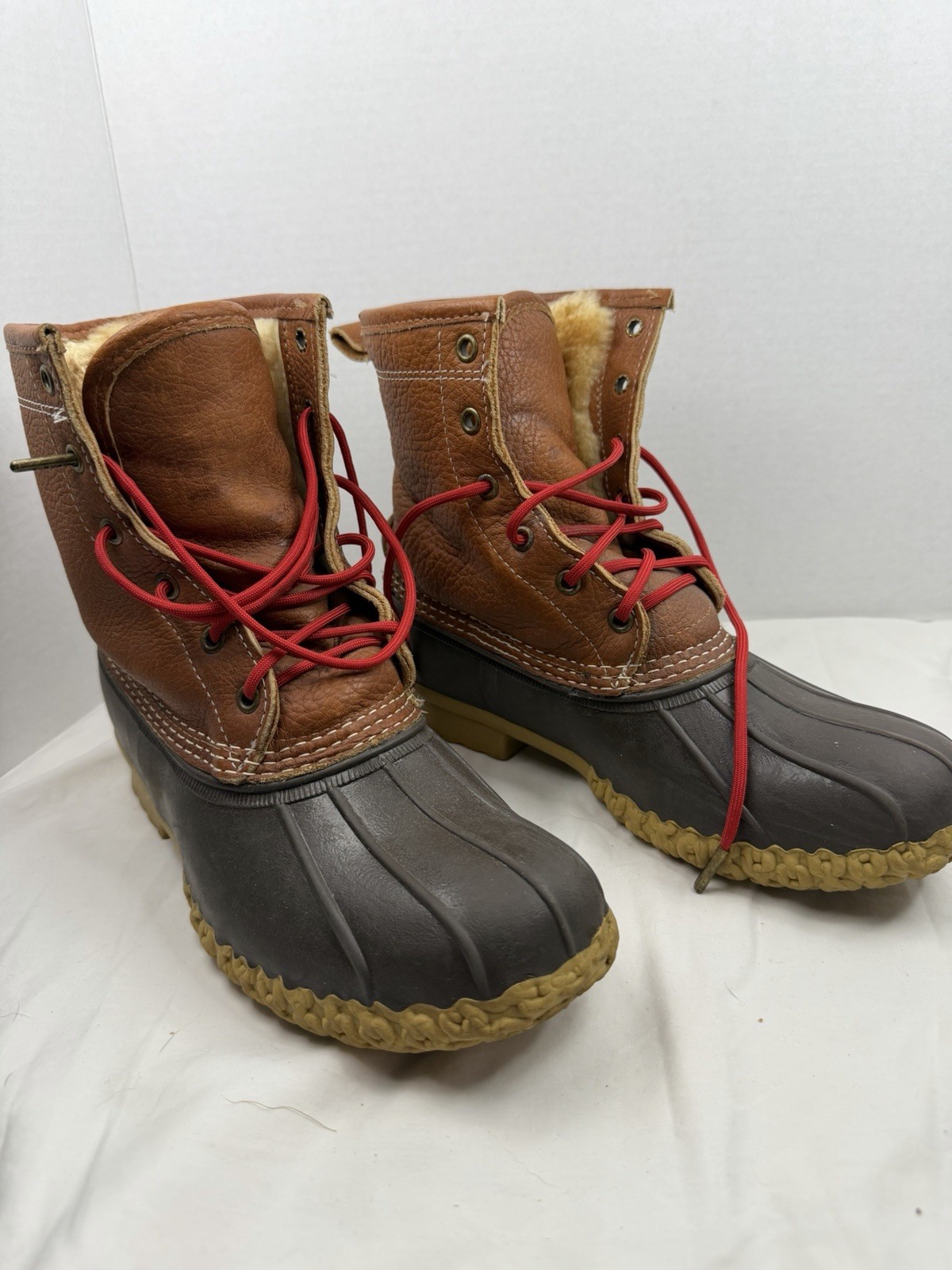 L.L.Bean Bean Boots Shearling Lined Brown Leather Duck Boots Made In Maine