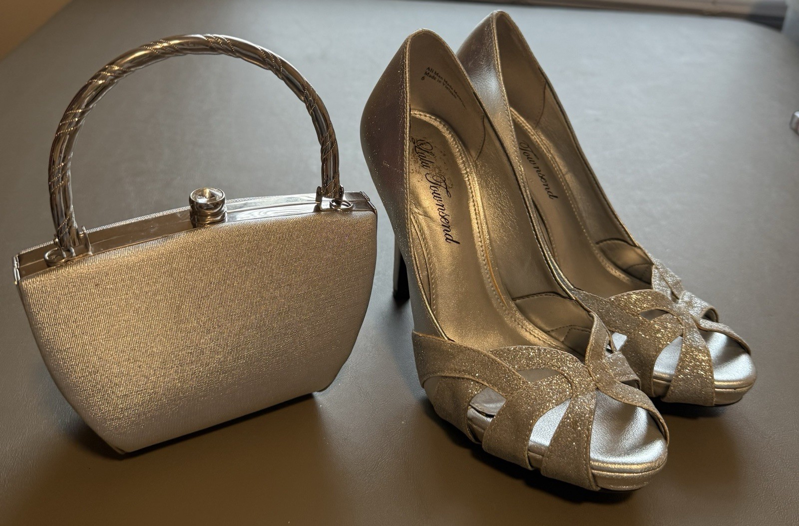 Lulu Townsend Silver Glitter Peep Toe Heels Size 6 and matching handbag