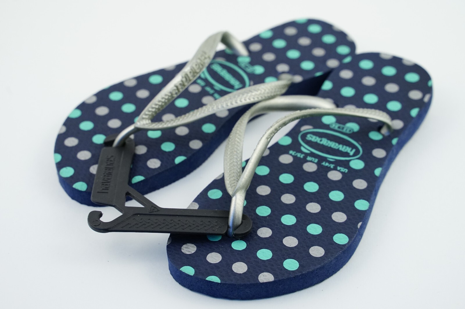Blue/Teal Green Silver Poka Dots Havaianas USA 3/4Y Sandals EUR 35/36 (33/34)