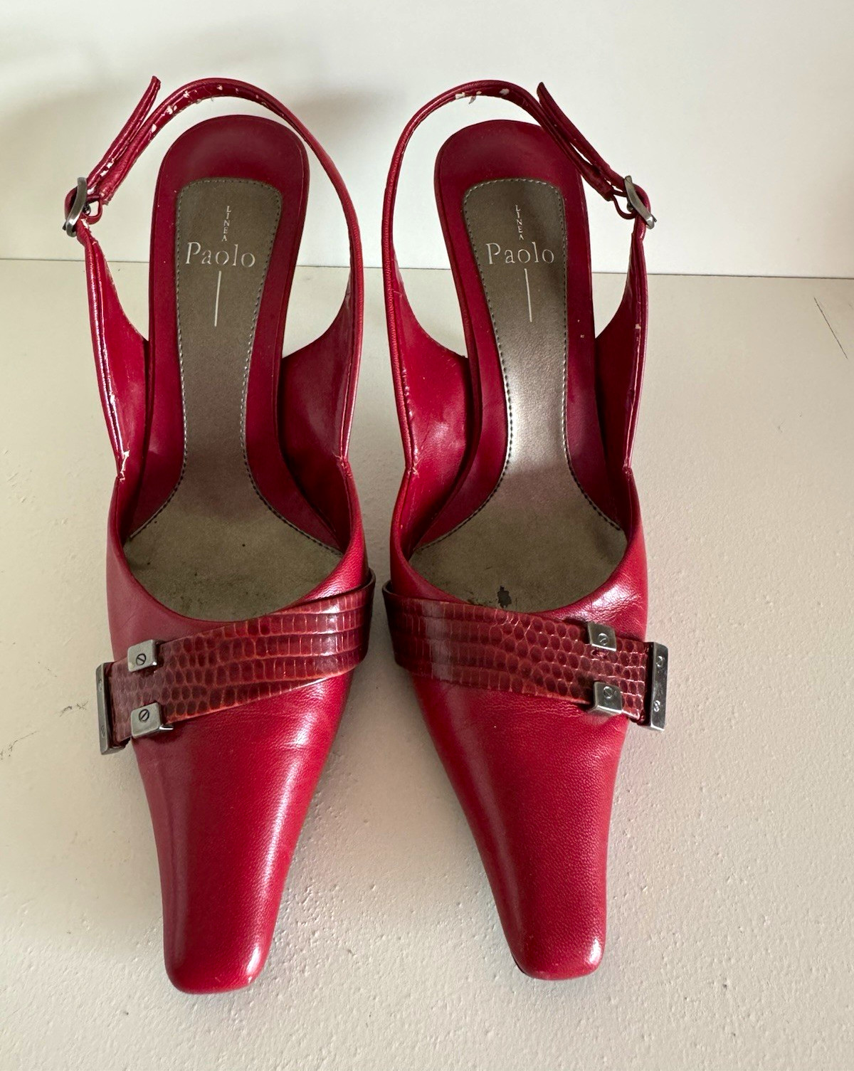 Paolo Red Leather Slingback Square Toe Stiletto Heel Buckle Adjustable Strap 5