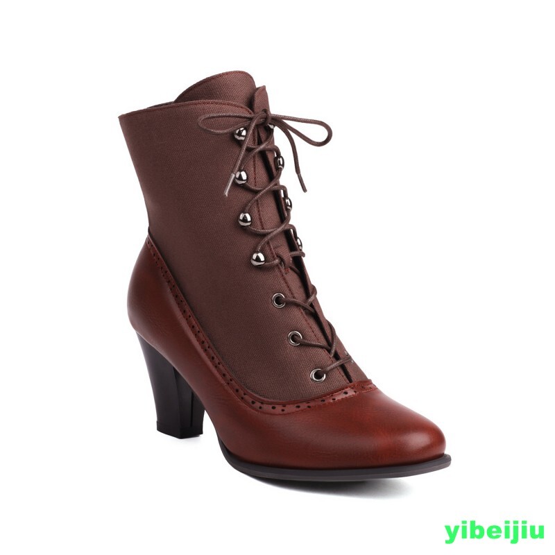 Women’s Ankle Boots Splicing Low Heel Lace Up Shoes Canvas Leather Patchwork NEW