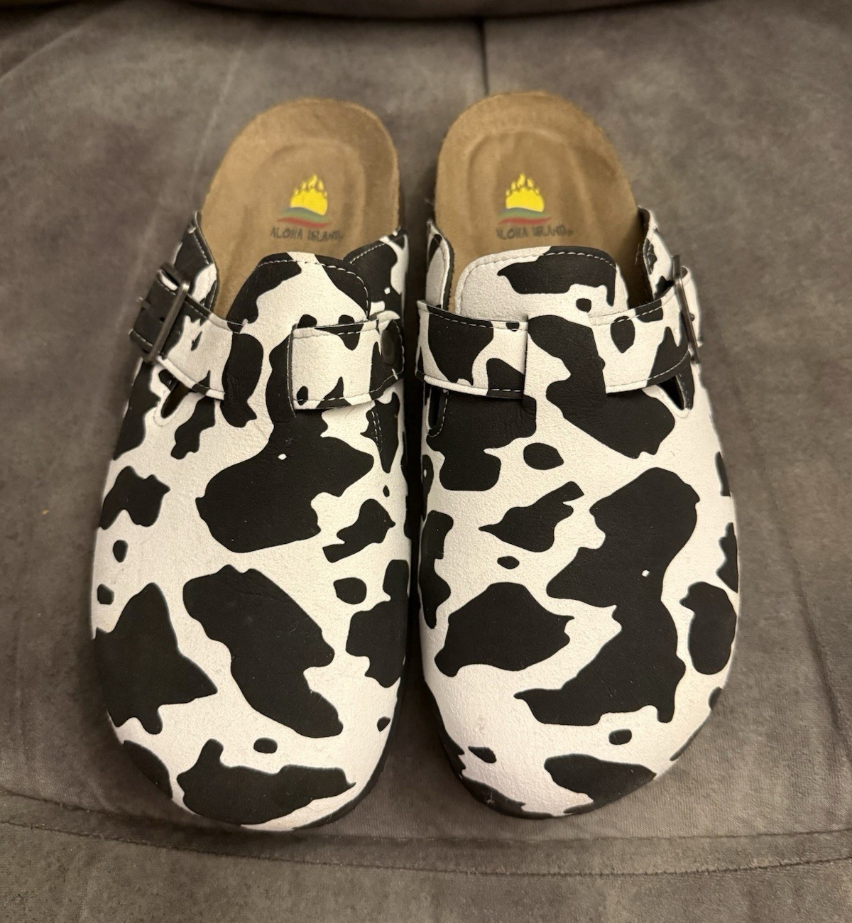 Aloha Island Women’s Cow Print Slide Sandals Black/White Leather Buckle 9