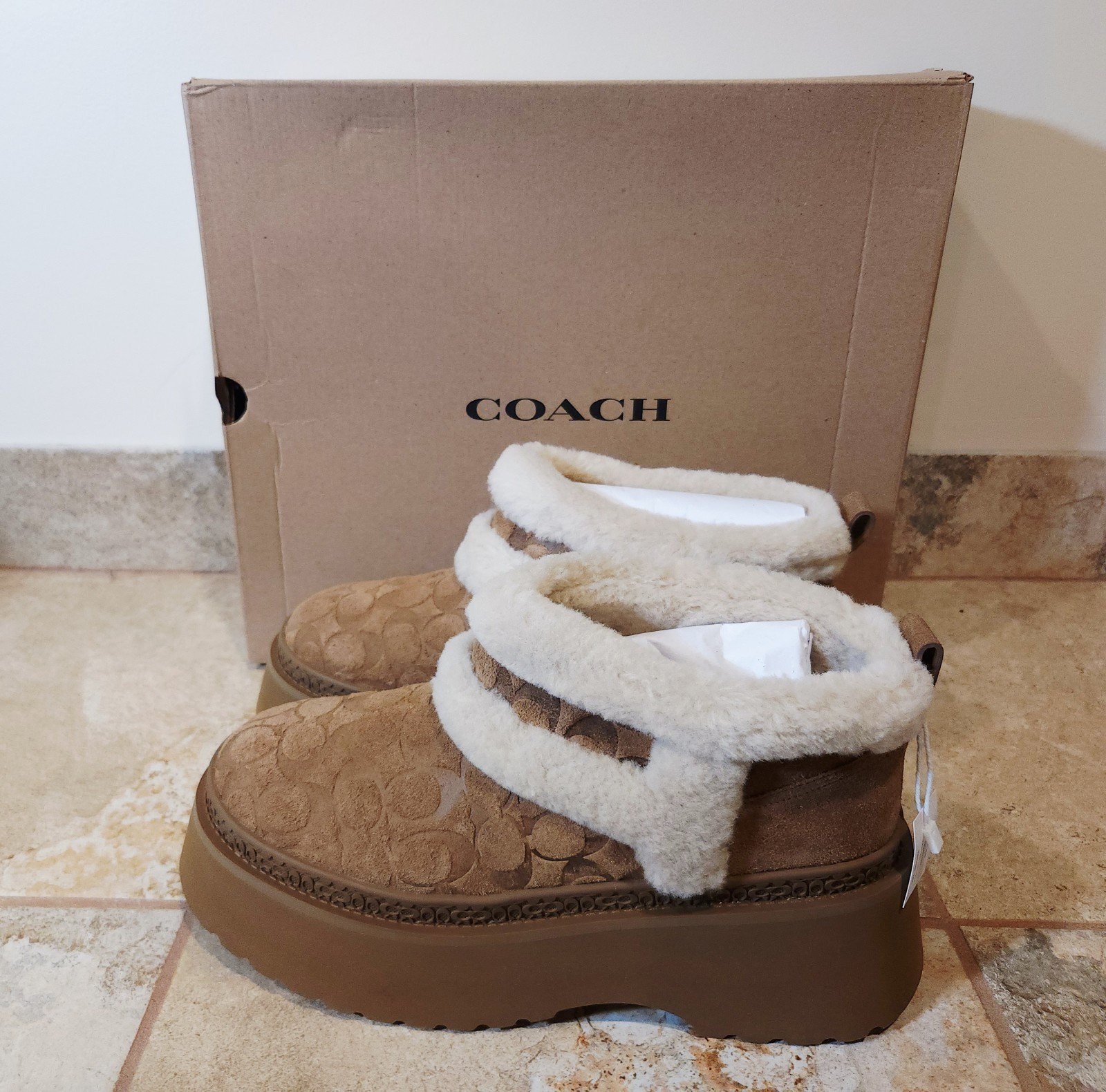 Coach Christina Signature Shearling Womens Booties Tobacco 2.5″ Lug 10 B NIB NEW
