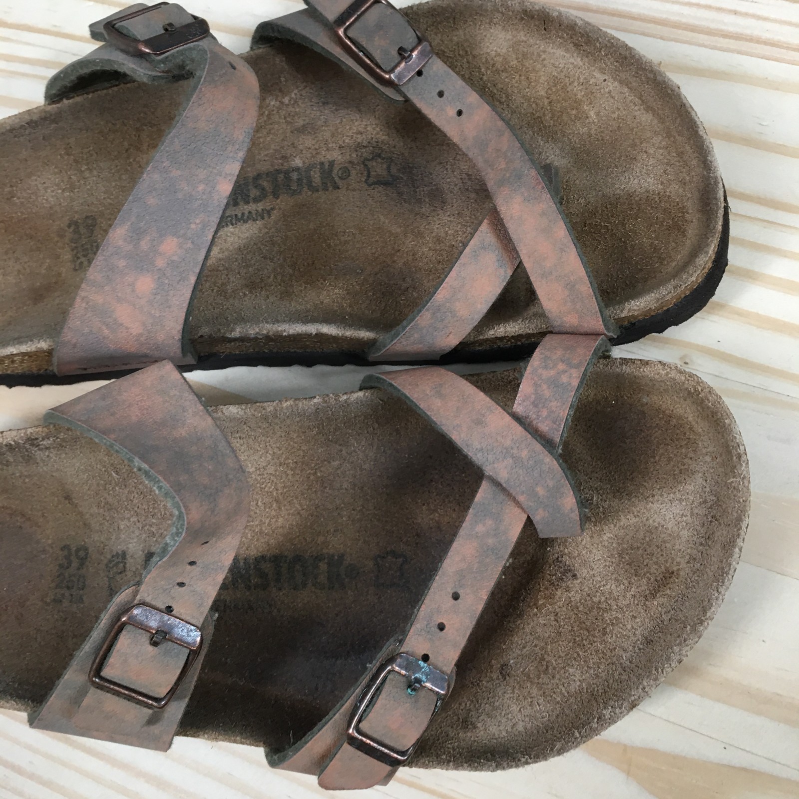 Birkenstock Mayari Sandals Womens 39 Narrow Slide Slip On Leather Brown Gray