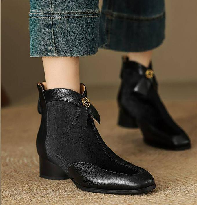 Women Winter Pointed Toe Block Heel Ankle Boot Fluff Leather Chelsea Short Boot