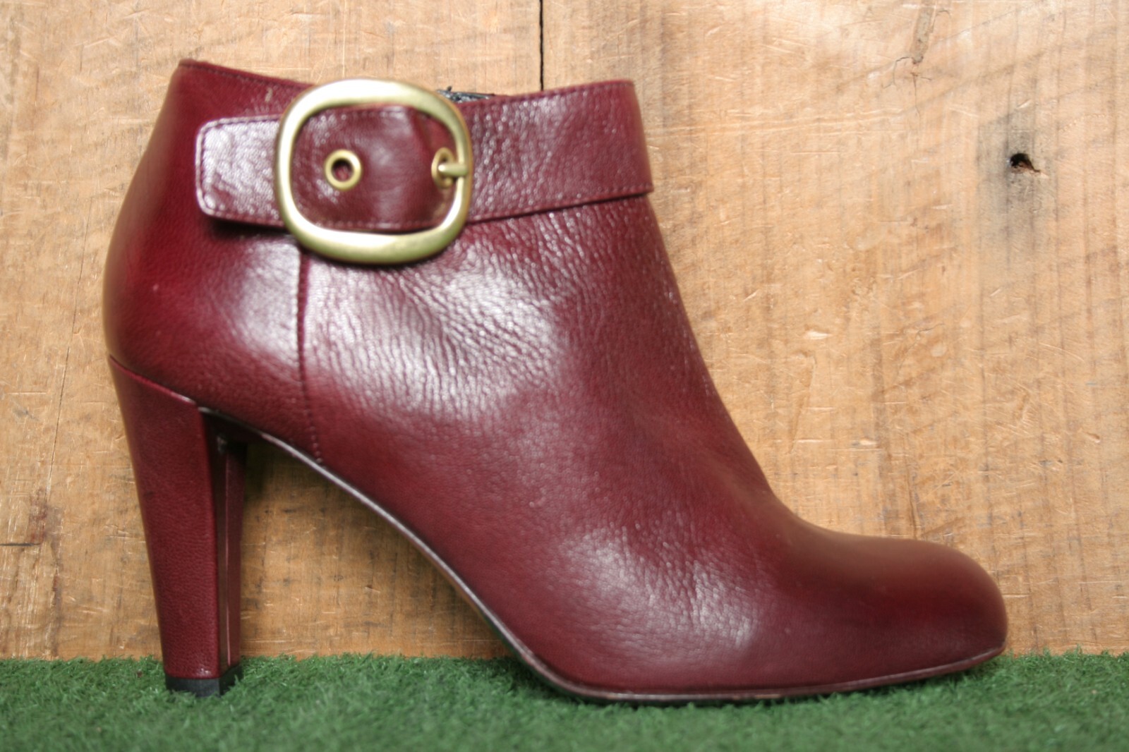COACH ‘Nicolete’ Burgundy Kid Leather Buckle Strap Booties w/3.25″ Heels Sz. 7B