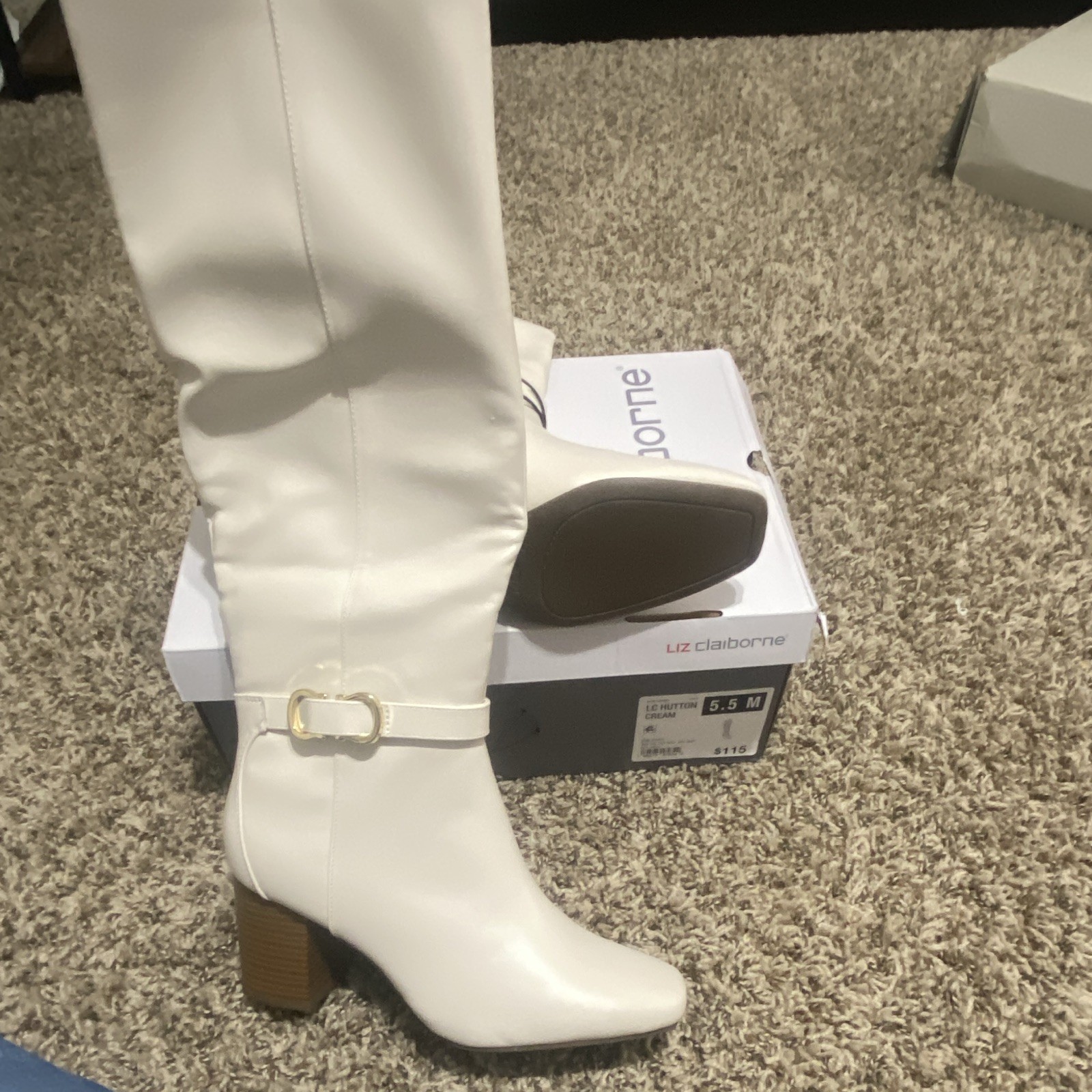 Liz Claiborne LC Hutton Cream Knee High Riding Boots Square Toe Zip Buckle 5.5M
