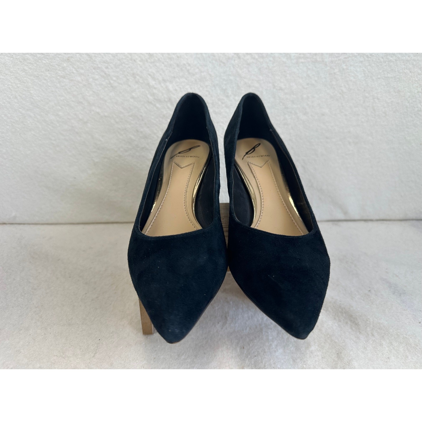 Brian Atwood Karina Black Suede Minimalist Cage-Embellished Block Heel Pump SZ 7