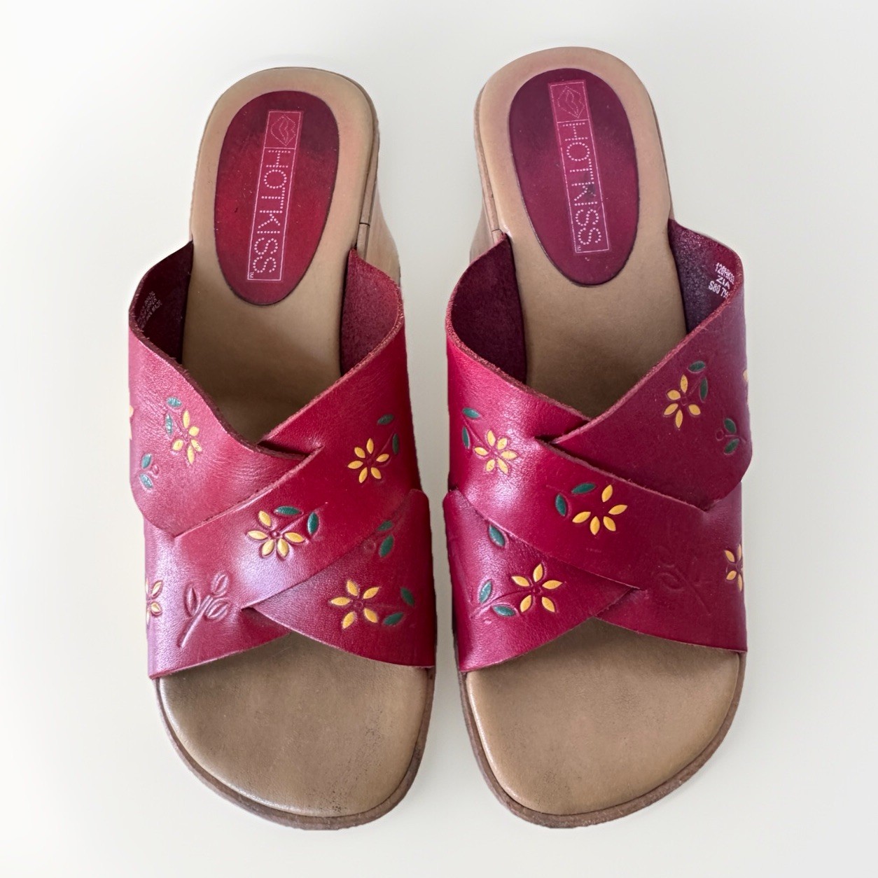 HOT KISS Y2K 90s Red Leather Floral Chunky Wooden Platform Wedge Sandals Shoes