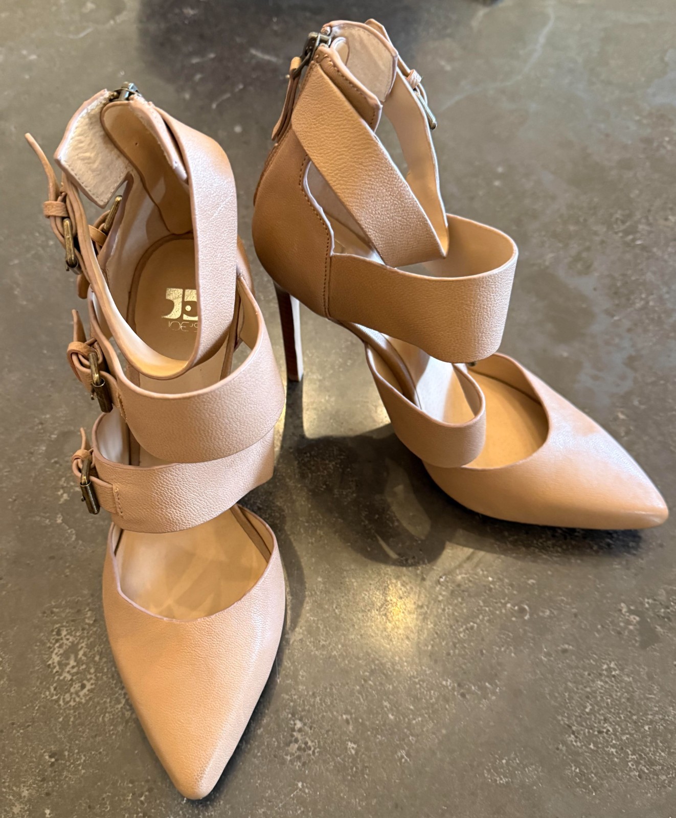 JOE’S JEANS Pointed Toe Stiletto Ankle Pump Buckle Strap Detail 8 Nude-Pre-Owned