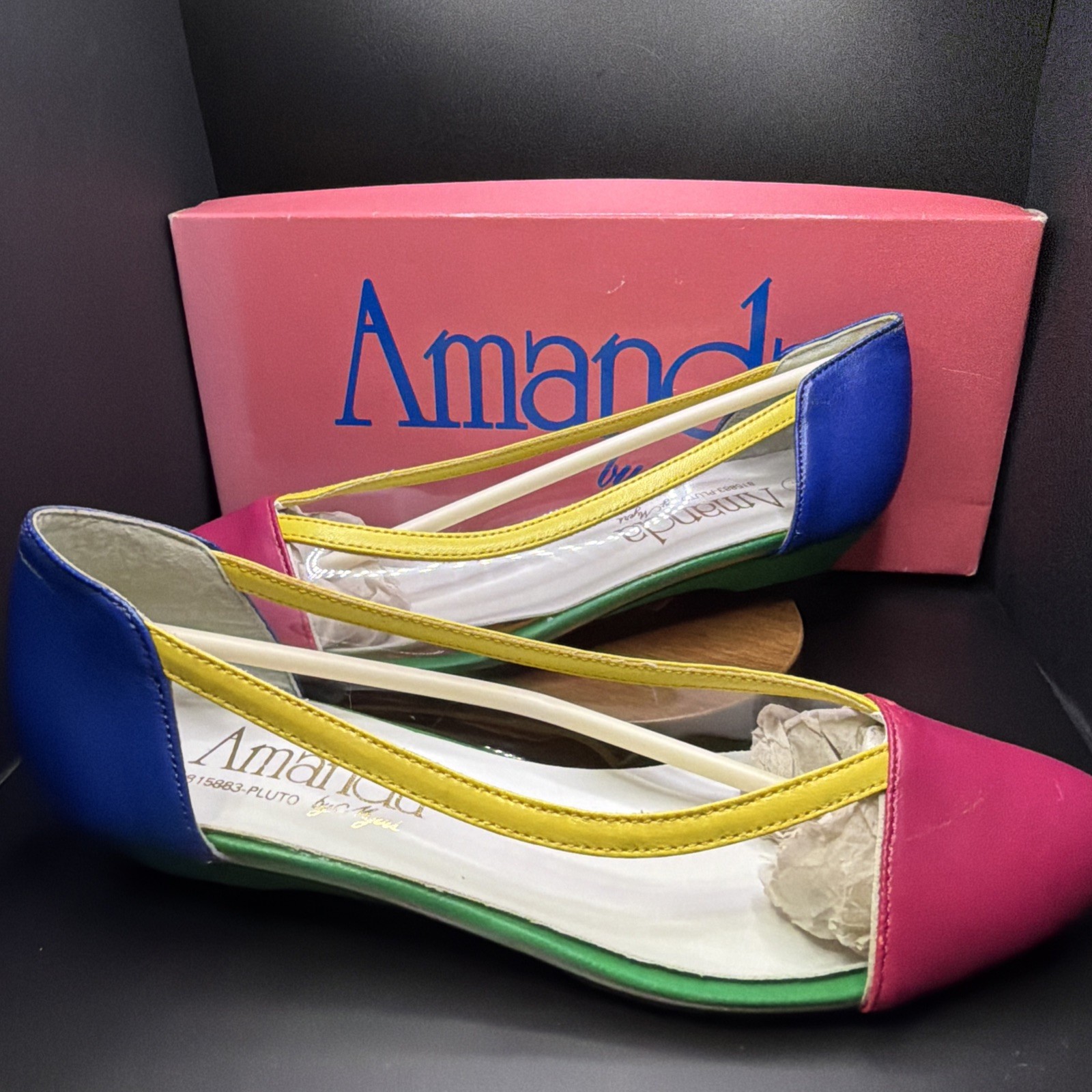 Amanda Women’s Shoe Size 7 Wide Blue, pink, Green, And clear Slip Ons. Pluto