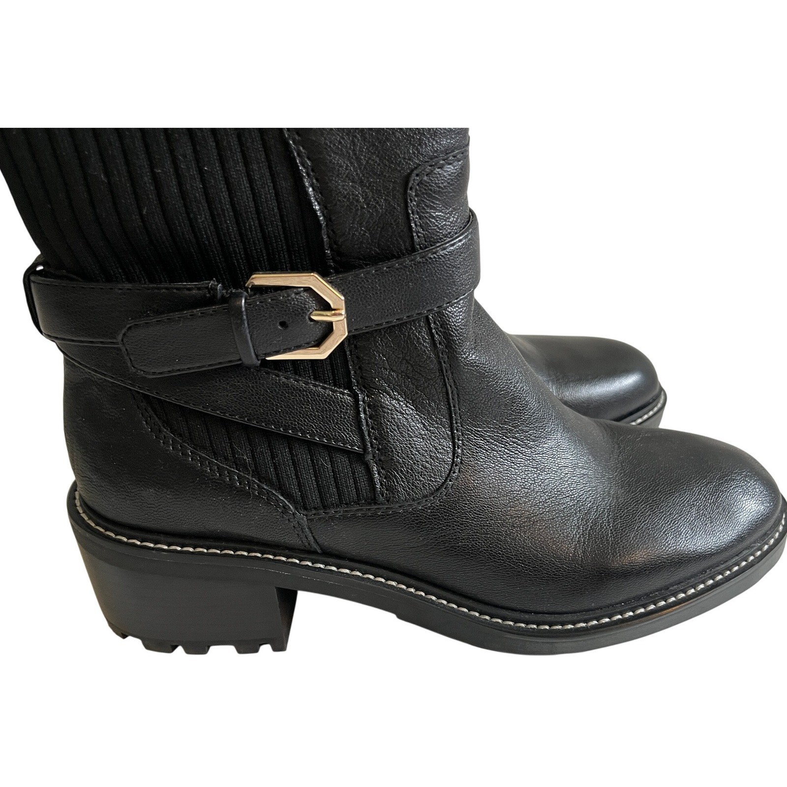 Vince Camuto Black Leather Ribbed Knit Boots Buckle Zip Lug Sole Women’s 7 1/2