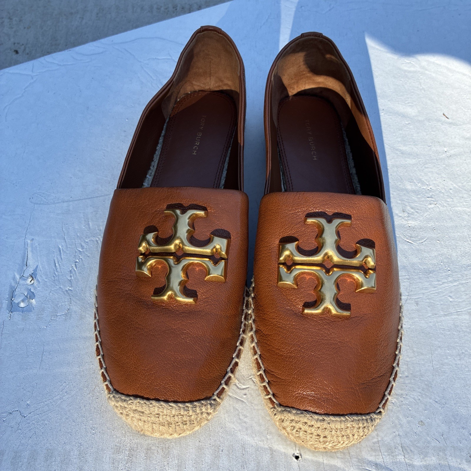 Tory Burch Eleanor Espadrille Flats Women’s 8.5 Brown Calf Leather Gold Logo