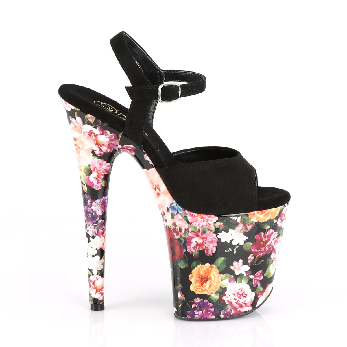 PLEASER FLAMINGO-809WR Black Suede Flowers 8″ Heel Platform Ankle Strap Sandal