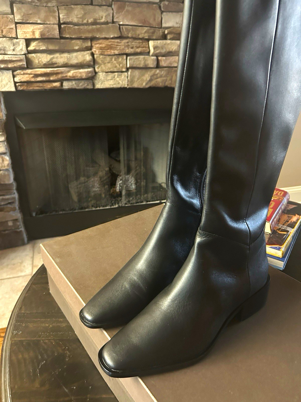 Linea Paolo Black Leather Knee High Riding Boots Square Toe Zip Women 9.5 M