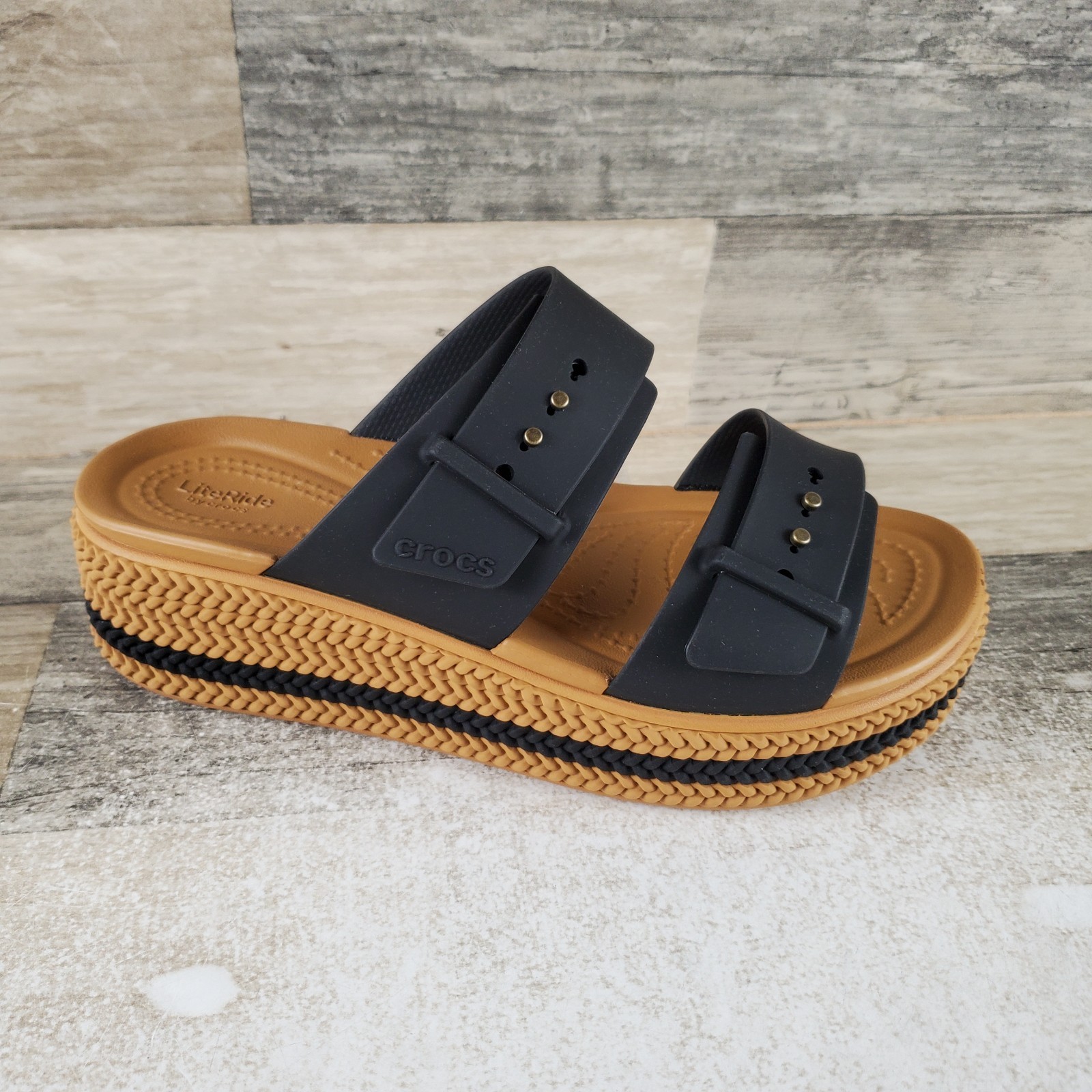 Crocs Brooklyn Woven Buckle Sandals Womens Sz 6 Comfort Black Slip On Wedge Heel