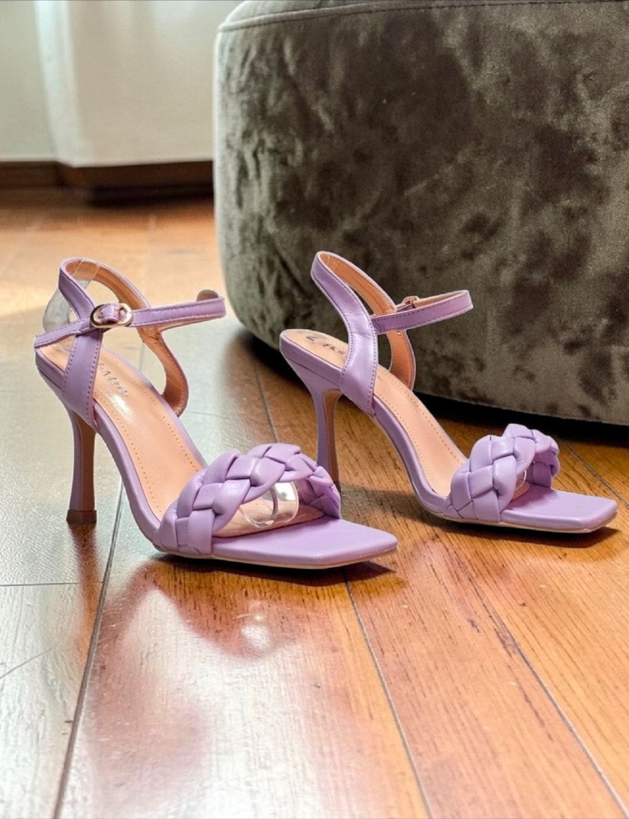 Braided Strap Purple High Heels With Ankle Strap & Square Toe Design