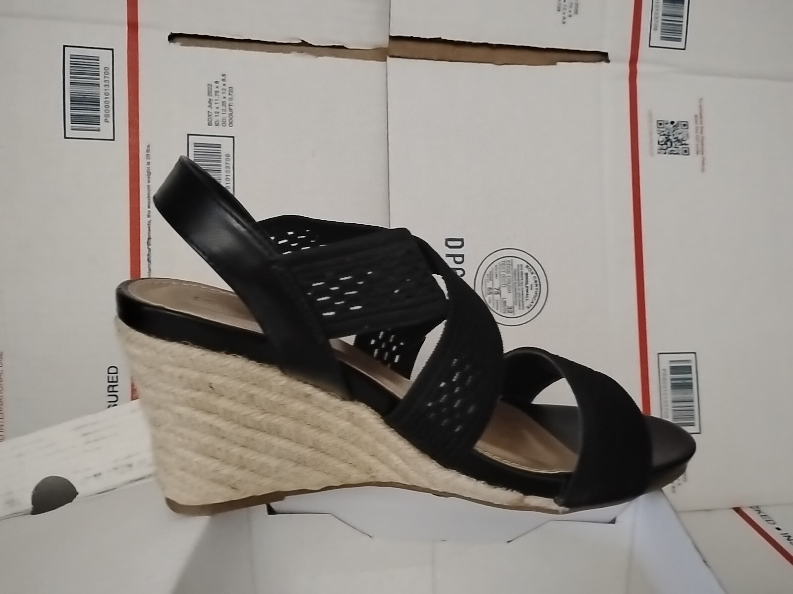 “London Fog” size 10 M , Woven Textile Sandals Pickwick BLACK Wedge Heel #00t