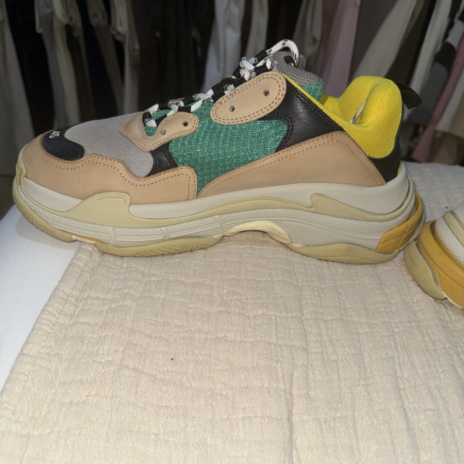 Balenciaga Triple S Men’s Low Top Lace-Up Colorblock Sneakers Beige/Green/Yellow