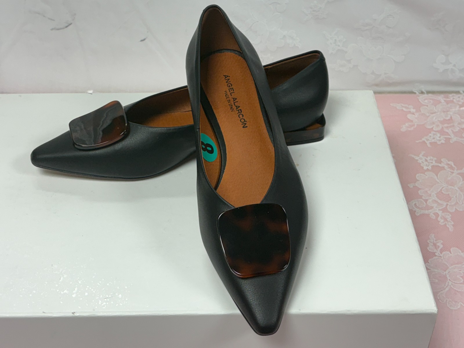$100-NEW-Angel Alarcon-Women-Black Leather Dress shoes.Sz-7.5 and 8.Spain.