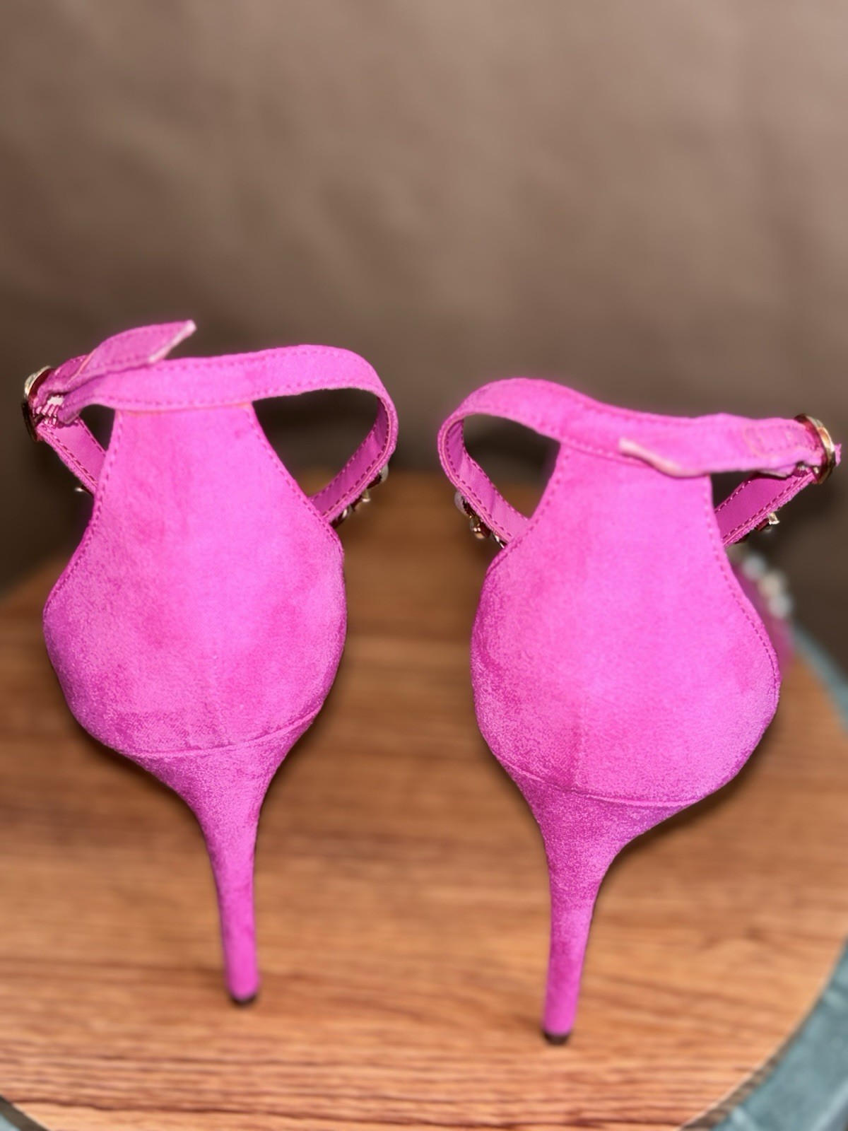 Hot Pink Pearl & Crystal Embellished Ankle-Strap Heels. Size 9