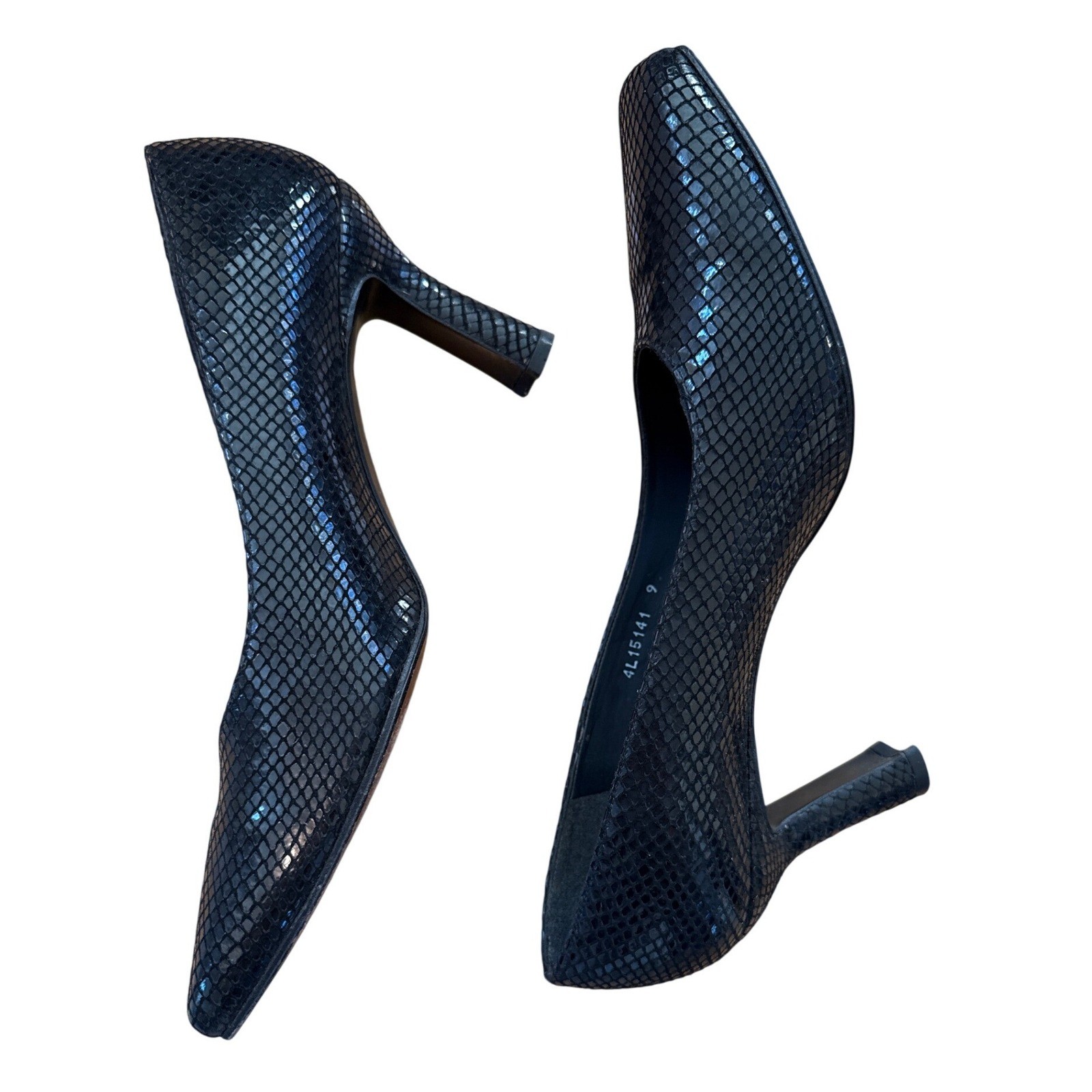Stuart Weitzman Russell Bromley Black Mock Croc Leather Pumps Vtg Square Heels
