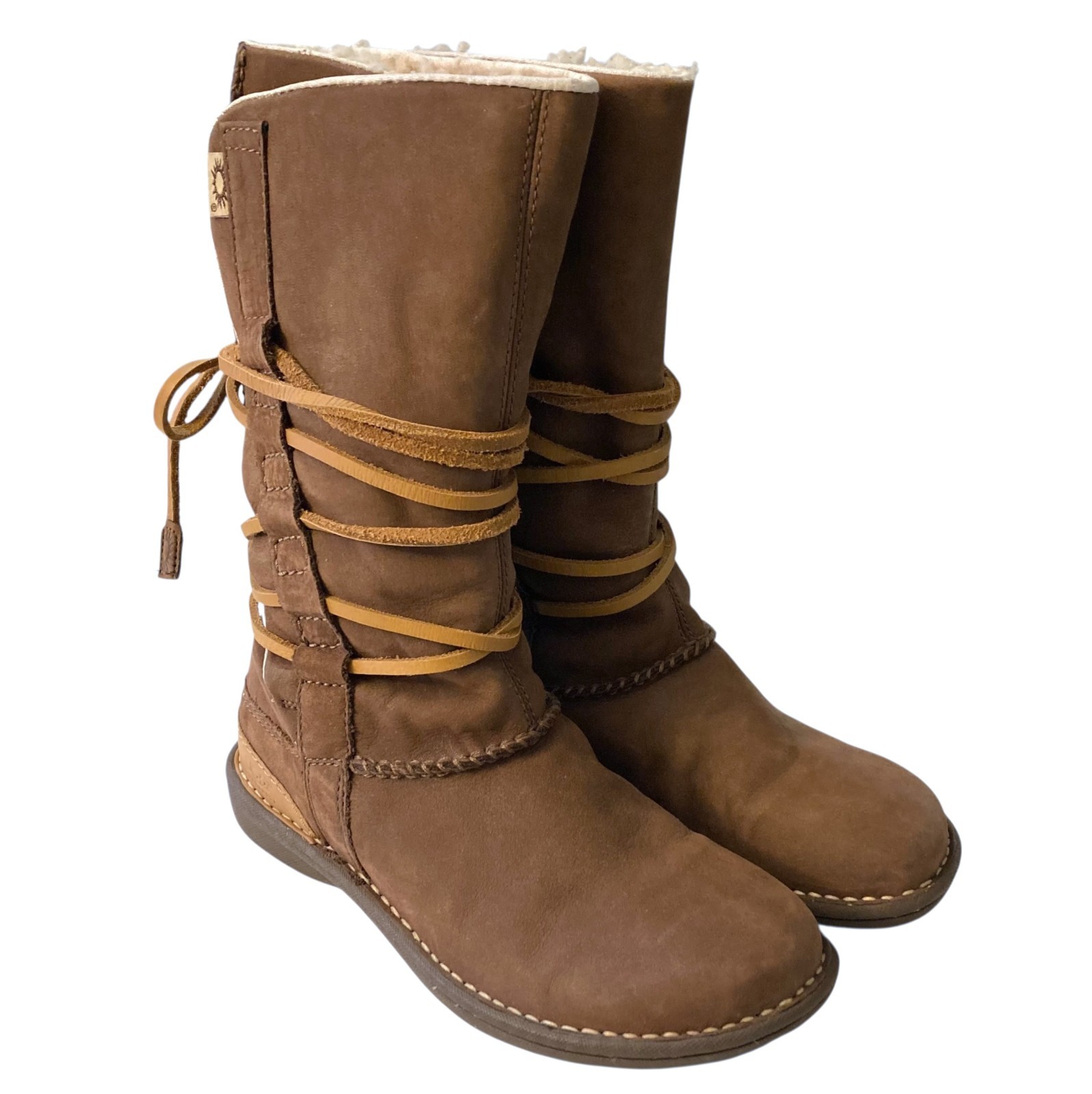 UGG Catalina Sheepskin Leather Boots Women Sz 6 Wrap Laces Mid Calf Goober Brown