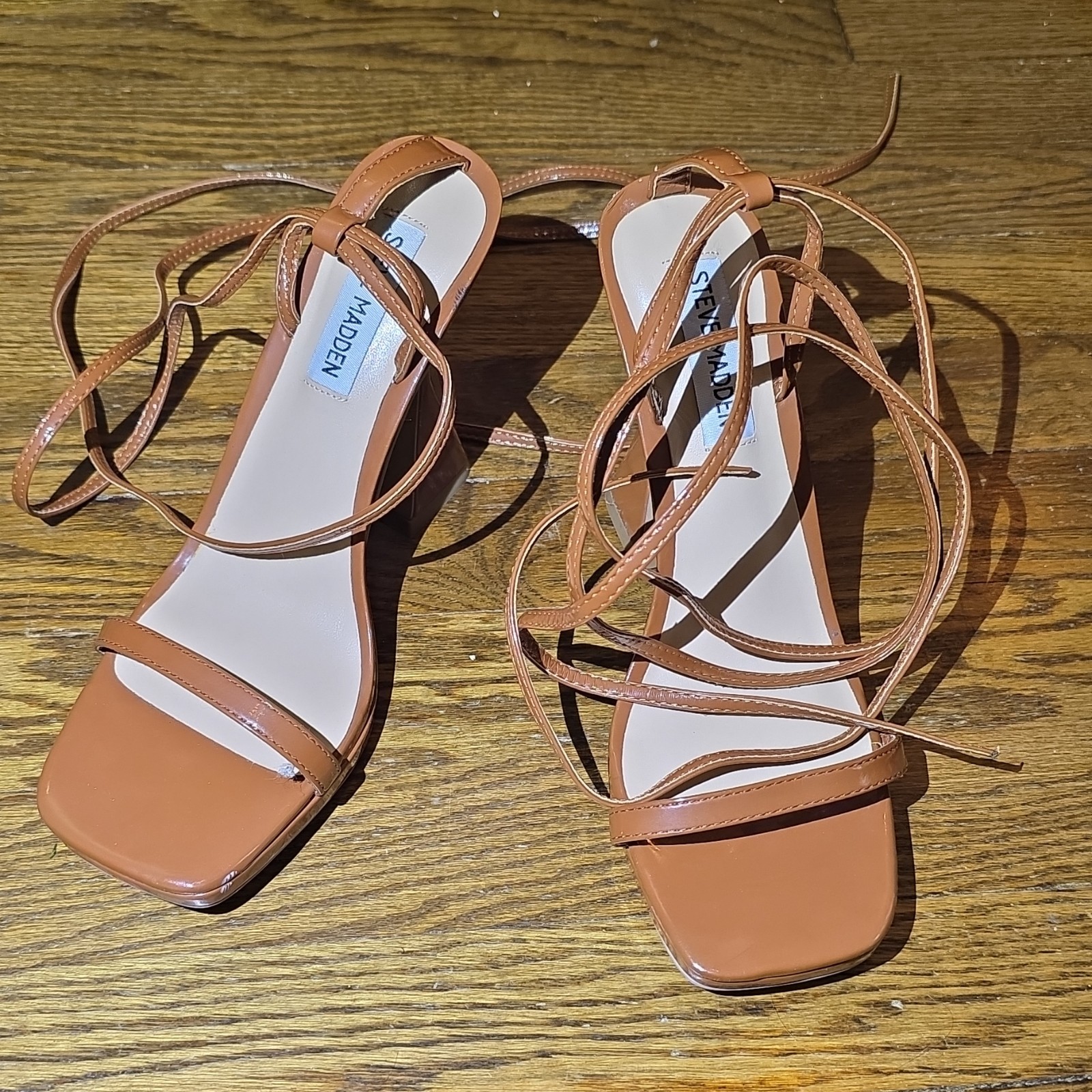 Steve Madden Brown Strappy Lace-Up Ankle Strap Square Toe Block Heel