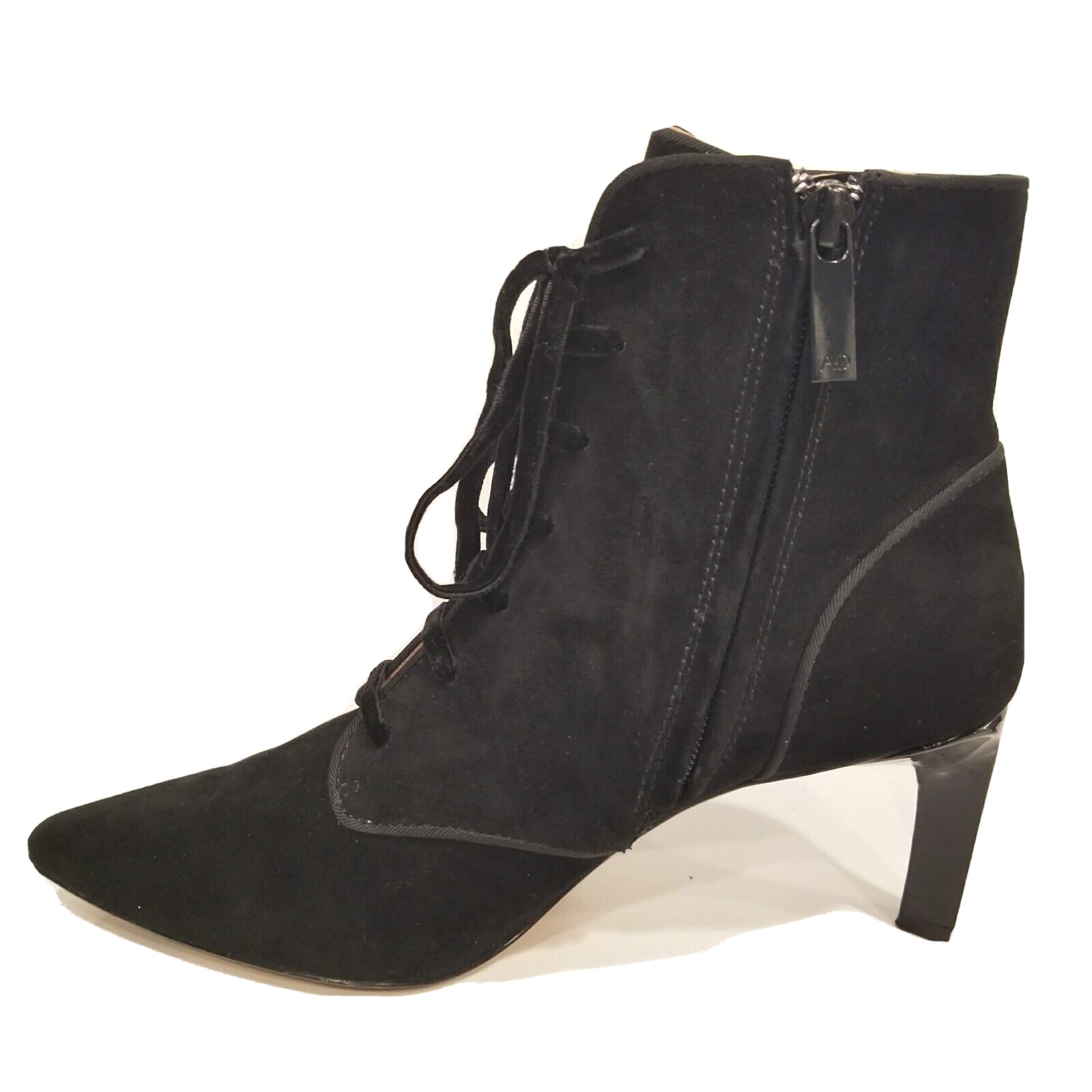 AD & Daughters Black Suede Lace Up Zip Ankle Boots Pointed Toe Heels Womens Sz 7