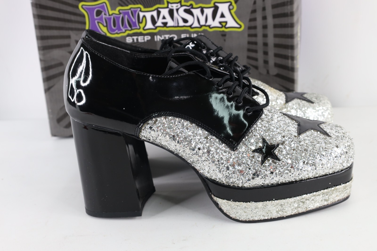 NOS Vtg Y2K Womens Large Size 12 13 Glitter Star Chunky Platform Heeled Shoes
