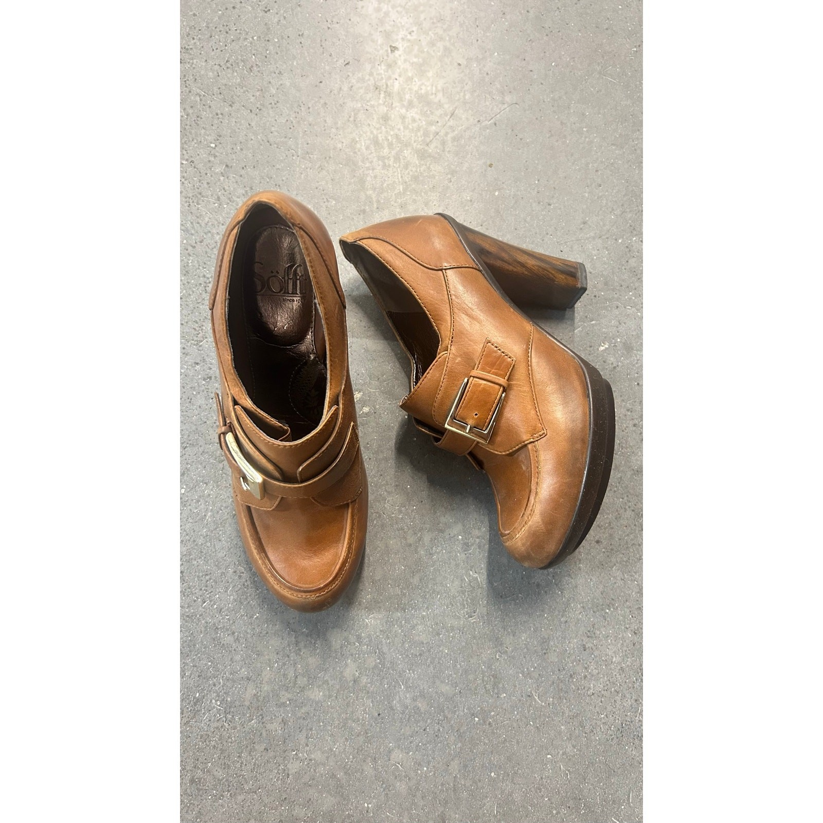 SOFFT Brown Leather Buckle Platform Heels