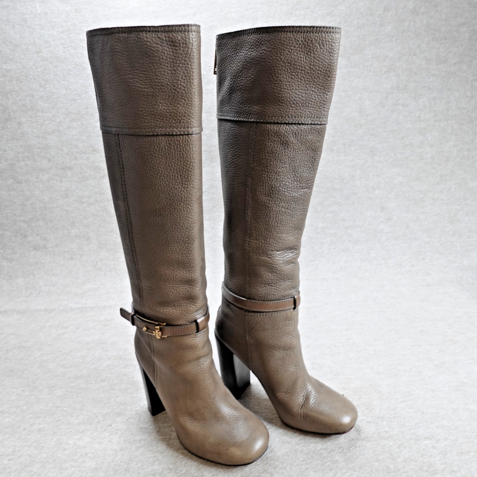 Tory Burch Womens Boots 8.5 Brown Gray Zip Heeled Pebbled Jenna Knee High
