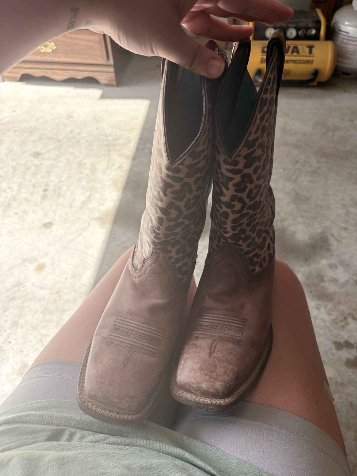Women’s Western Cowboy Boots Brown/Black Leopard Print Mid-Calf Square Toe