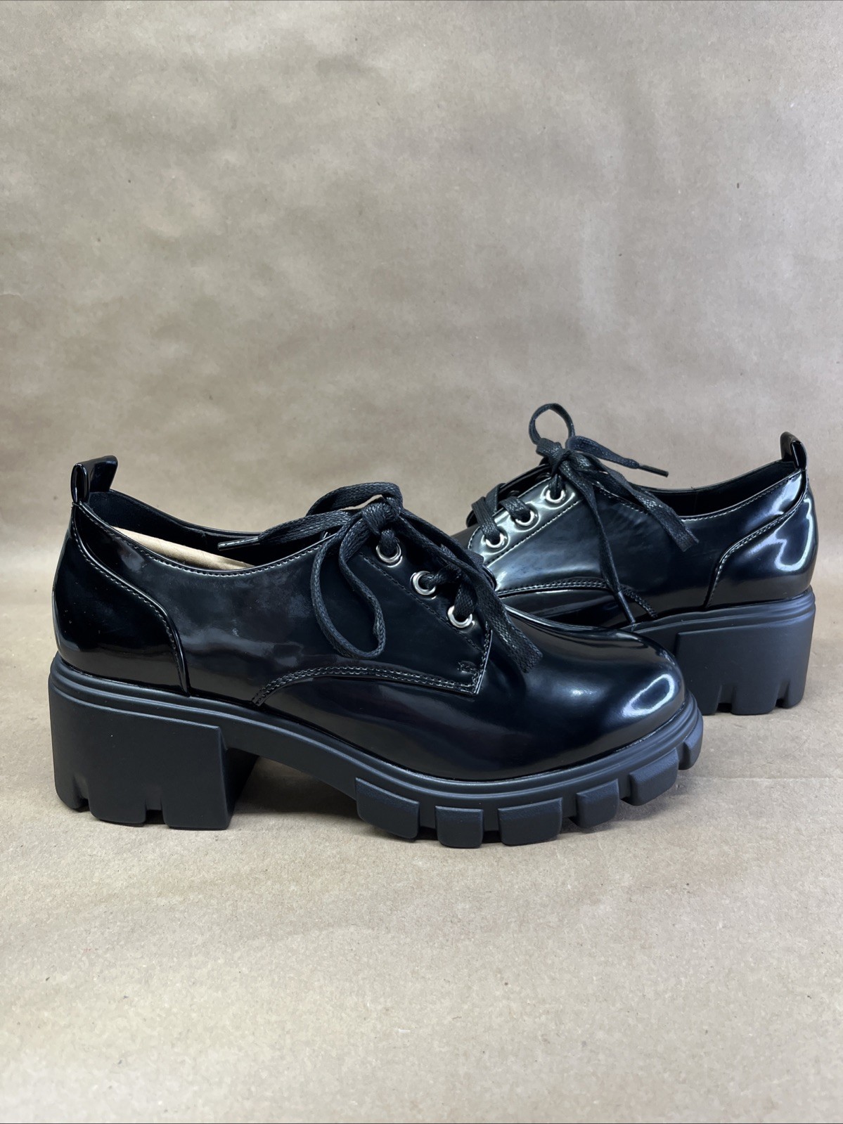 JustFab JF Black Mary Jane Chunky Oxford Shoes Women Sz 9 Sofia Lace Up Patent