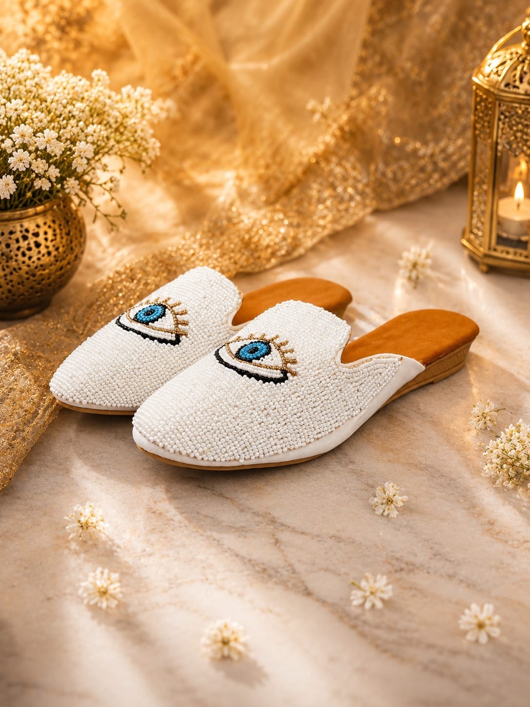 Handmade Women’s Grey Beaded Evil Eye Mules Slip On Flats Ethnic Comfort Shoes