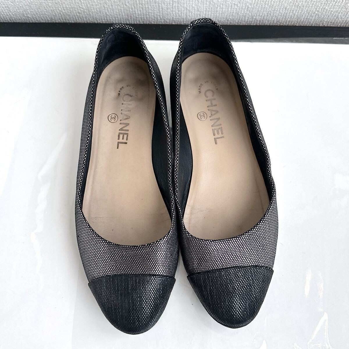 CHANEL Coco Mark Rhinestone Ballerina Flats Dark Gray Black EU39/US8.5