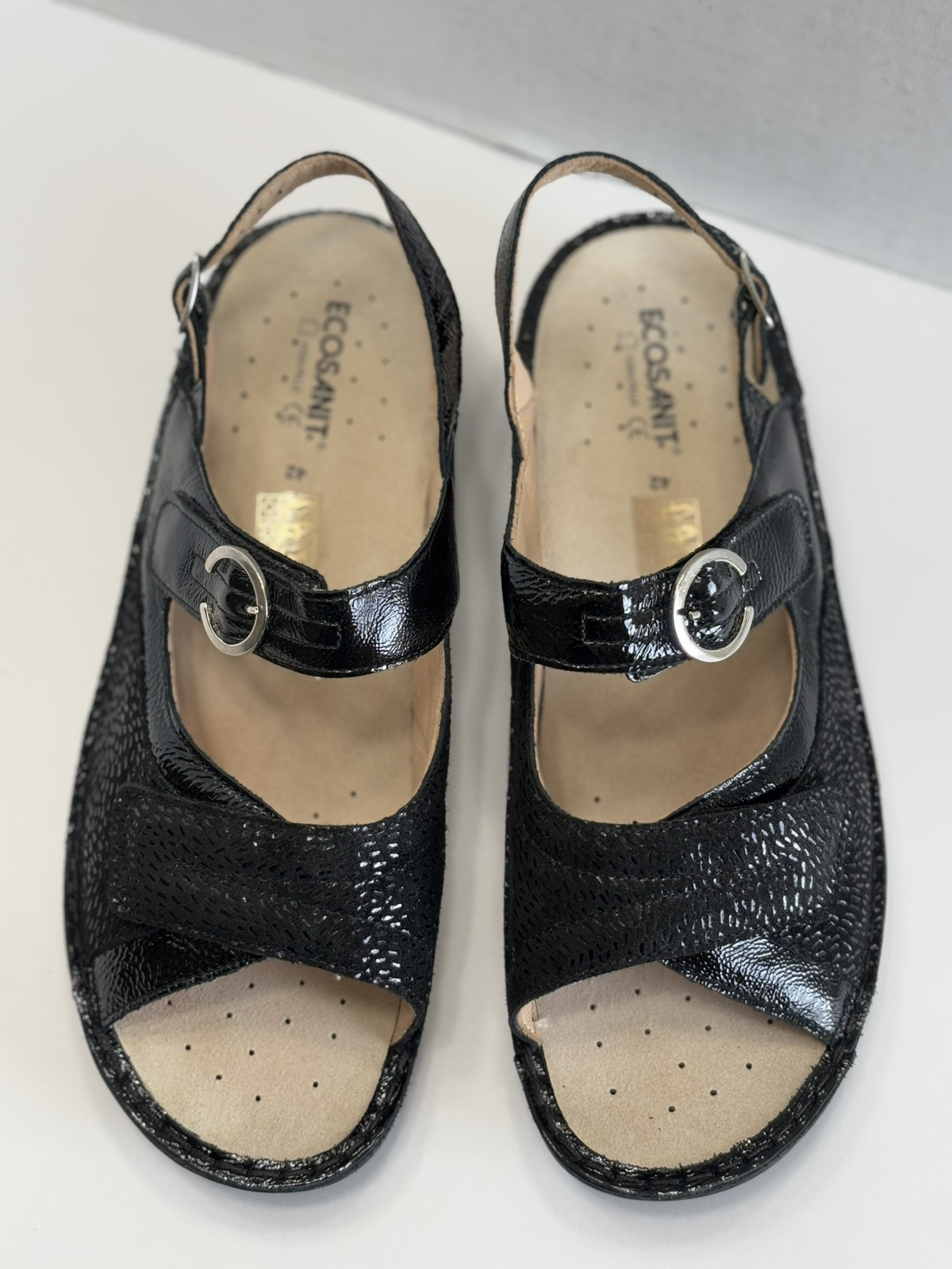 Ecosanit Womens Black Patent Leather Ankle Strap Comfort Sandals Italy Sz 42 /11