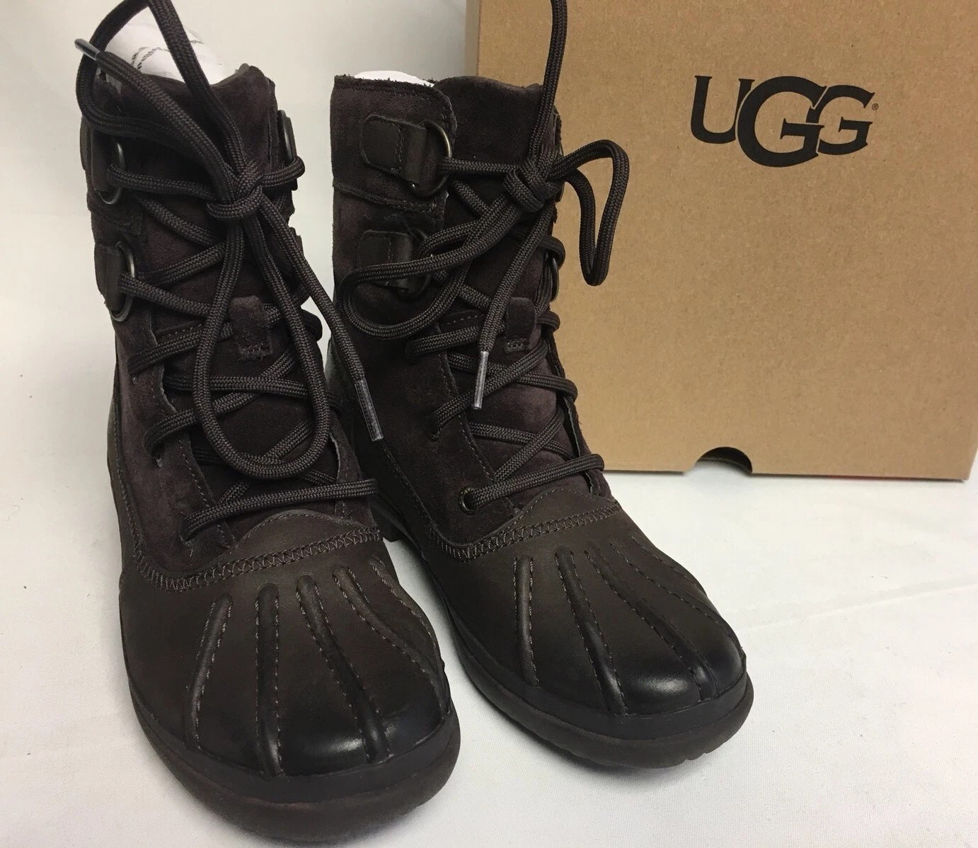 UGG AZARIA Stout Brown LEATHER SHEEPSKIN WATERPROOF DUCK BOOTS 1017380 Size 5