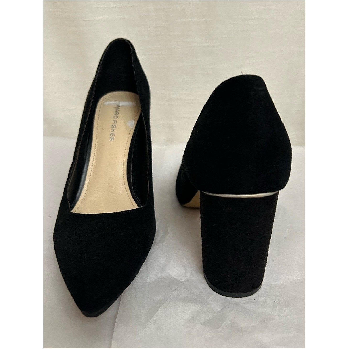 Marc Fisher Pointed Toe Classic Preppy Black Suede Block Heel Pumps