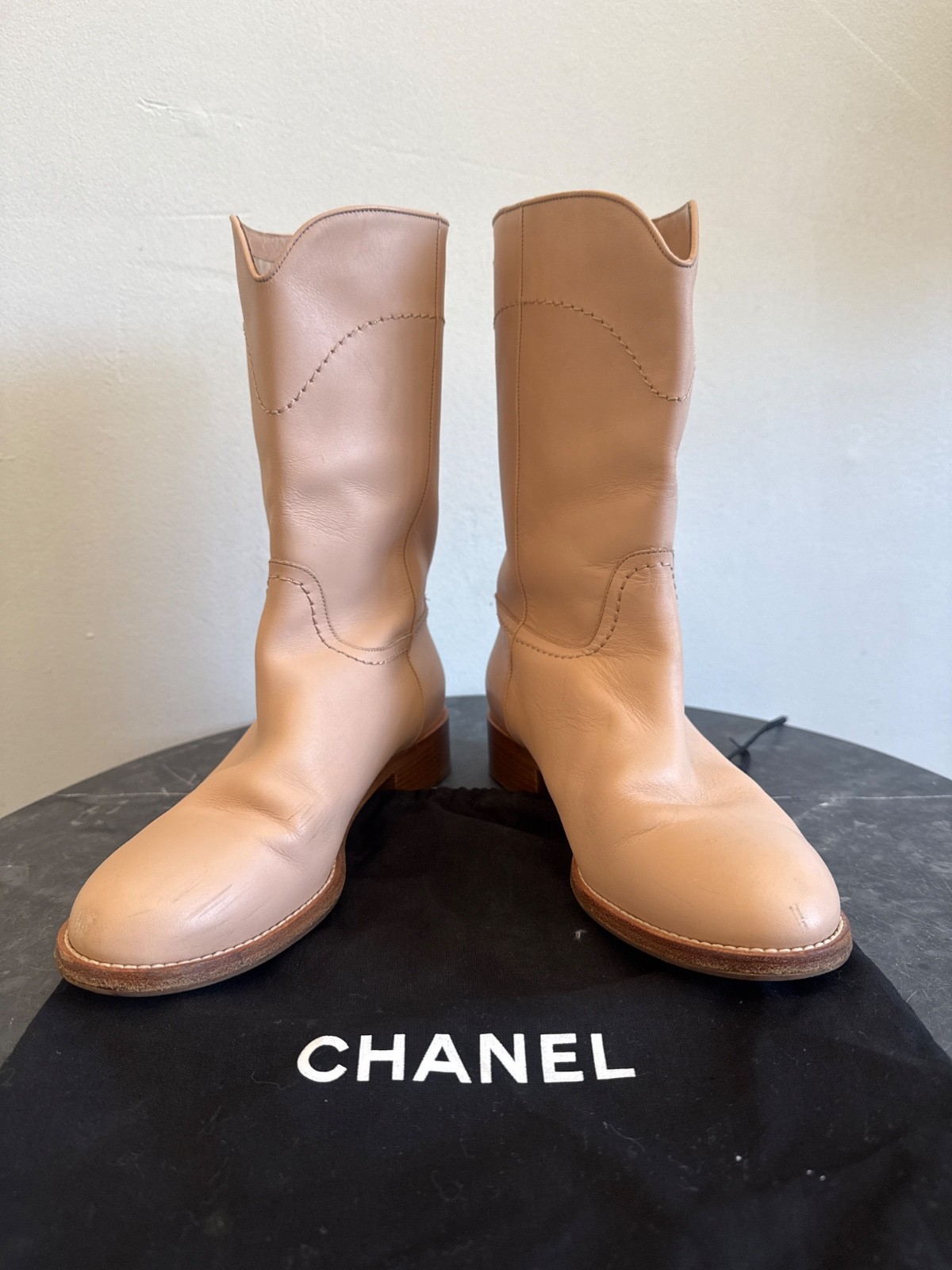 chanel country western mid calf boots salmon size 38 excellent condition