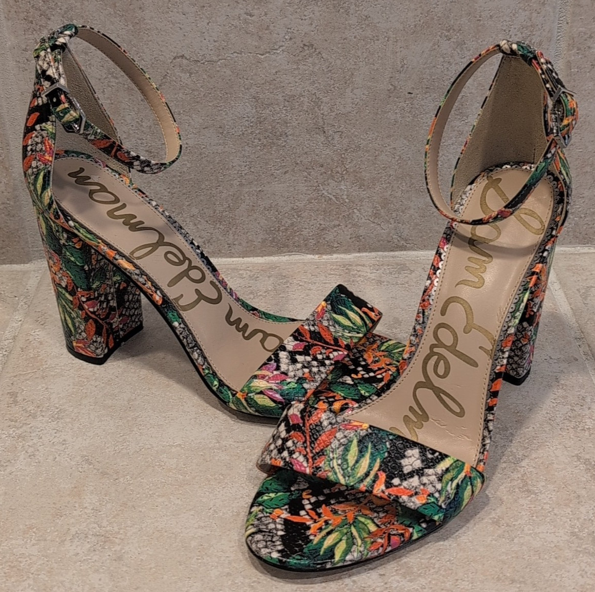SAM EDELMAN Yaro Ankle Strap Floral Snakeskin Pattern Block Heel Sandals Sz 10M