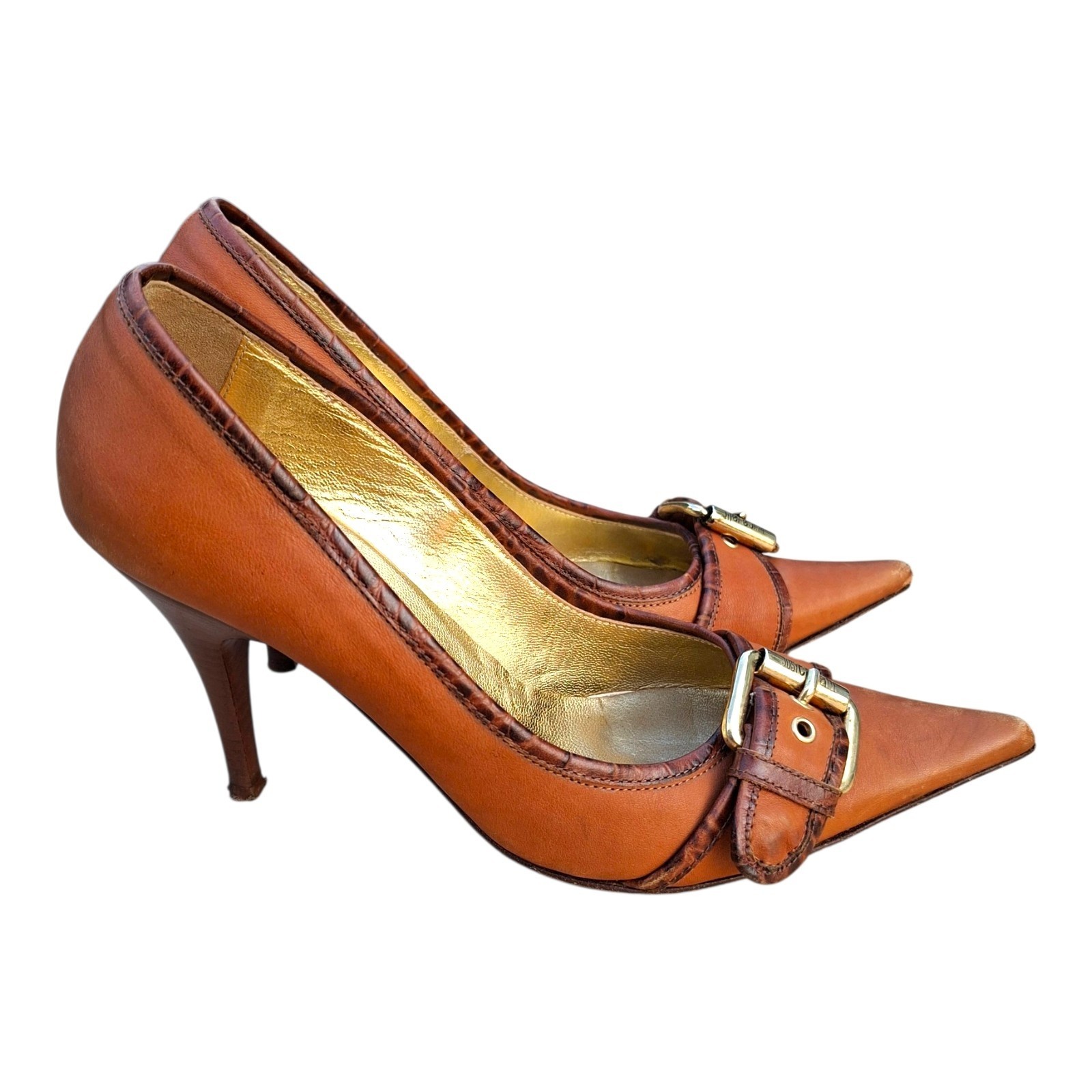 Vintage Just Cavalli Brown Leather Pointy Pumps Gold Buckle Heels Y2K Sz 39