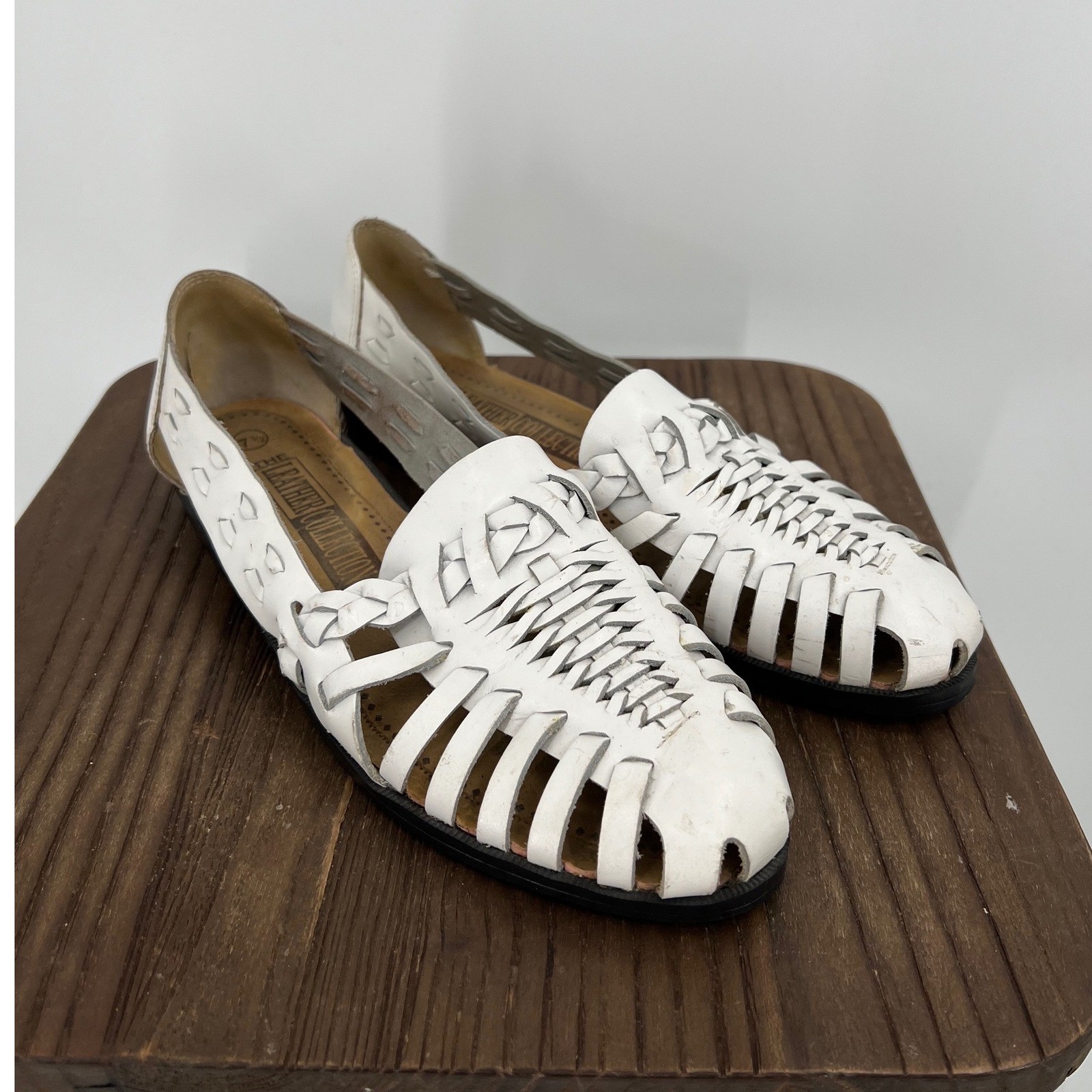 Vintage Leather Collection White Woven Huarache Sandals Leather Flats Brazil 7.5