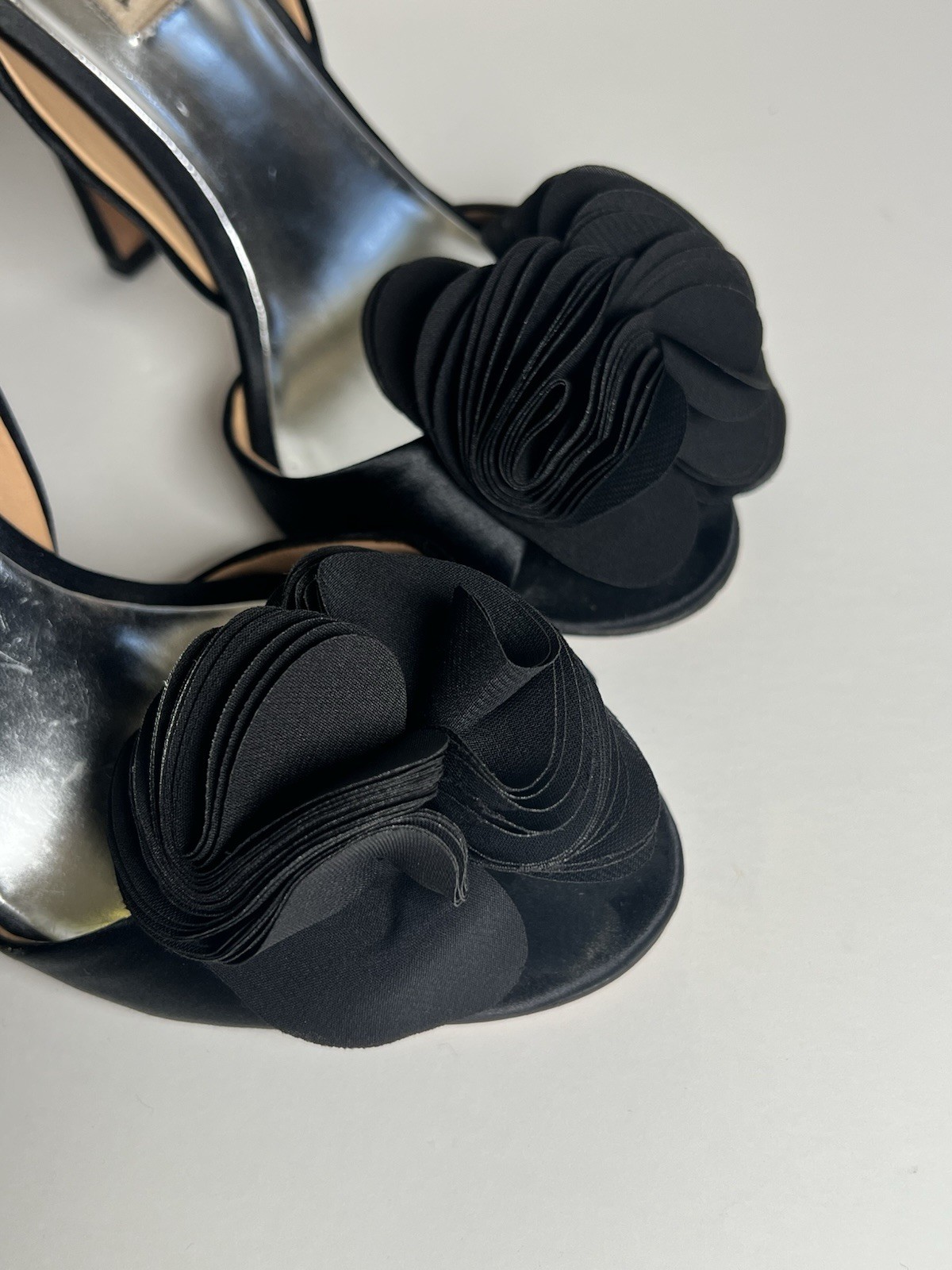 Badgley Mischka Black D’Orsay Peep Toe Satin Stiletto Heels Flower US 6.5/ EU 36
