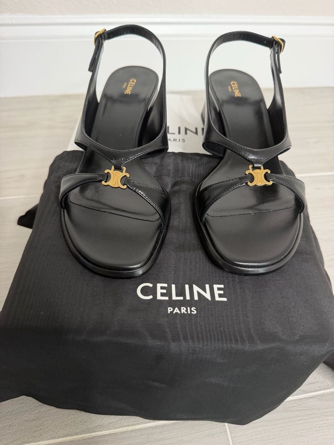 New CELINE Clémence Triomphe Slingback Sandals 40 Black Calfskin Leather
