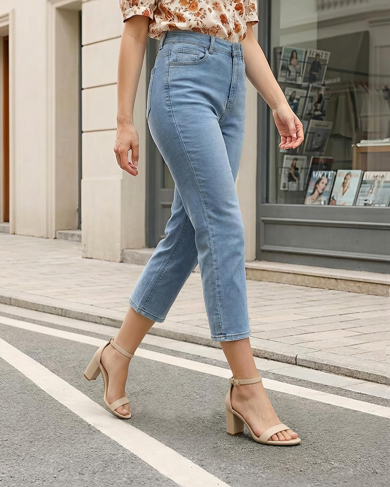 Ankis Nude Heels for Women – Open Toe Ankle Strap Chunky Heel 5, Nubuck