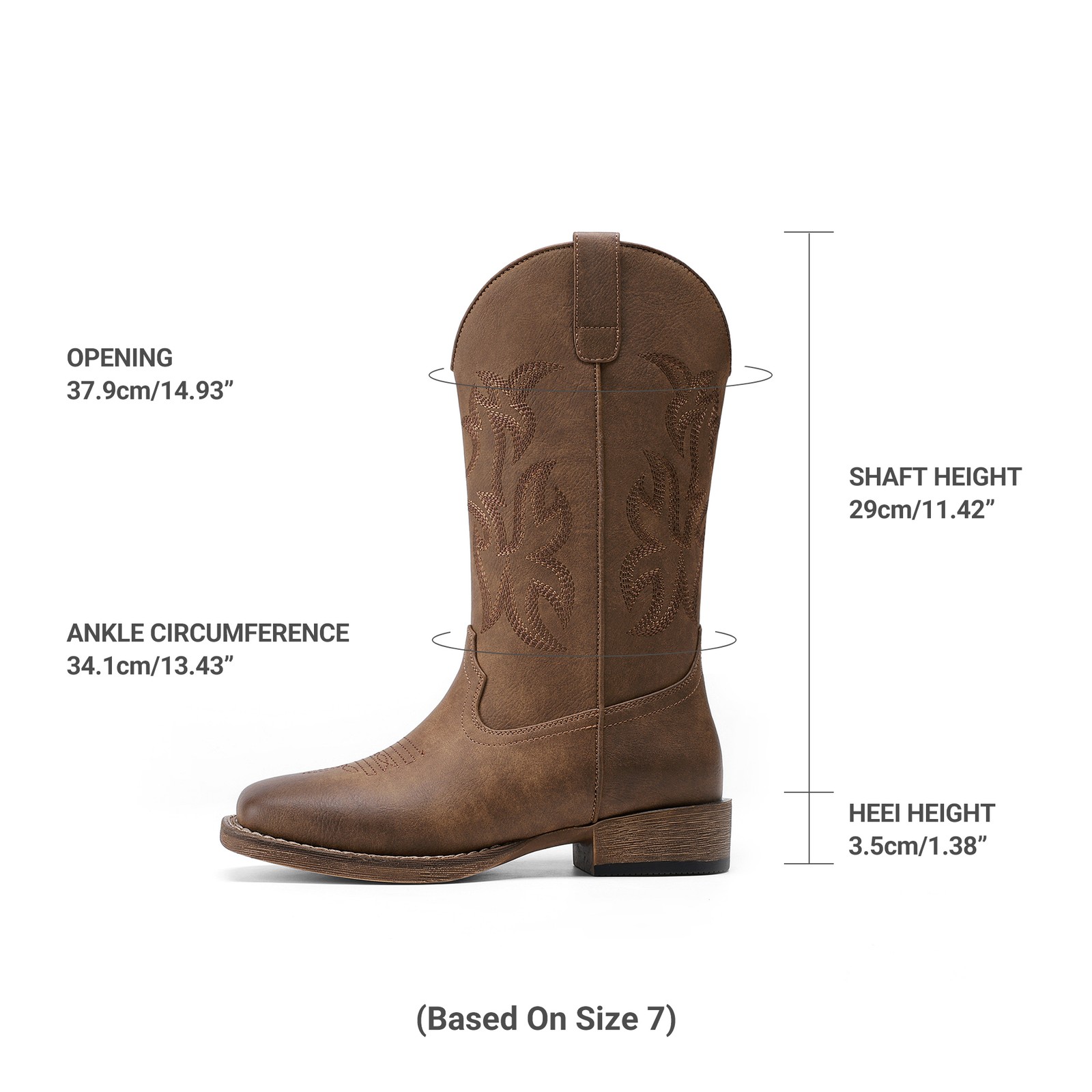 Women Western Mid Calf Wide Square Toe Pull-On Embroidered Stitched Retro Boots