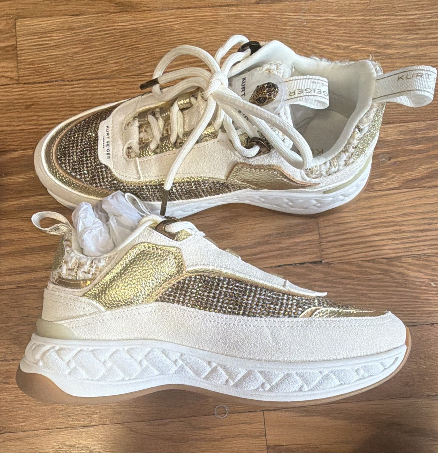 Kurt Geiger Kensington Womens Low Top Lace-Up Sneakers Beige/Gold Glitter Logo
