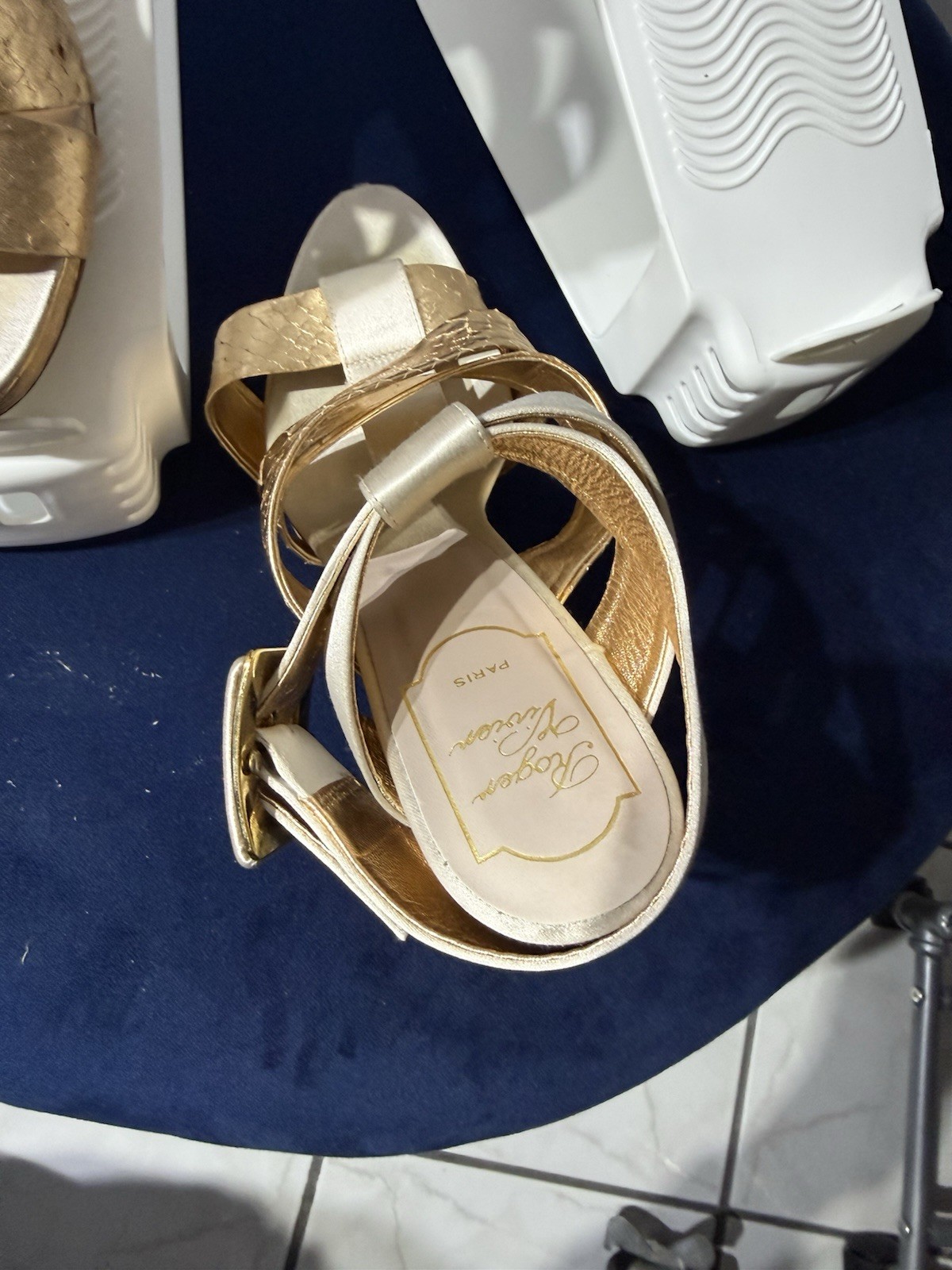Roger Vivier Strappy Satin Gold Ankle Heels